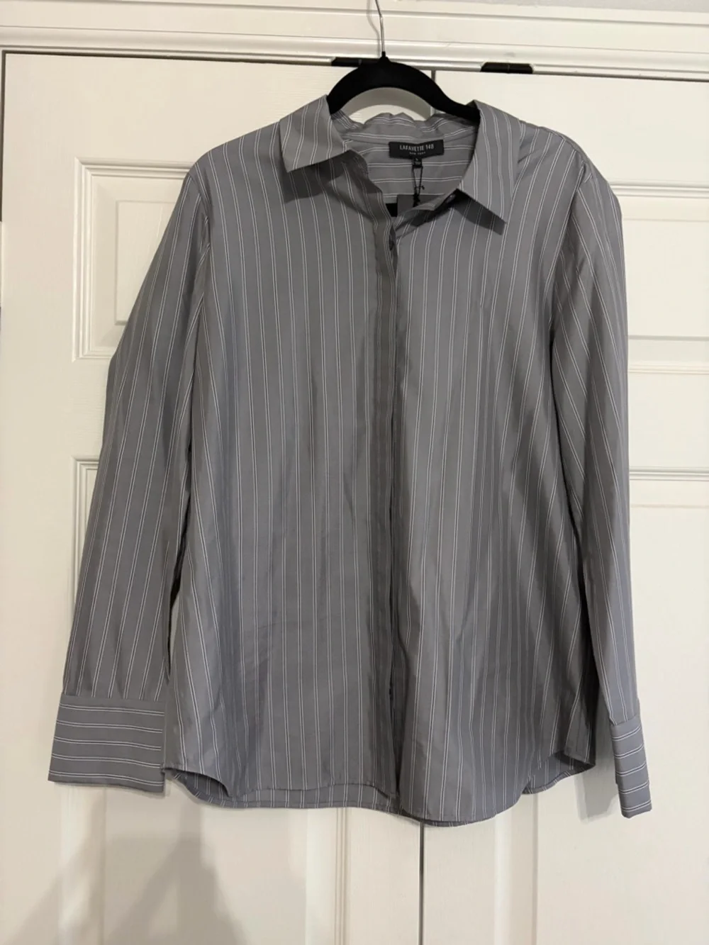 Lafayette 148 New York Gray Pinstripe Cotton & Silk Button-Down NWT // L - Picture 2 of 5